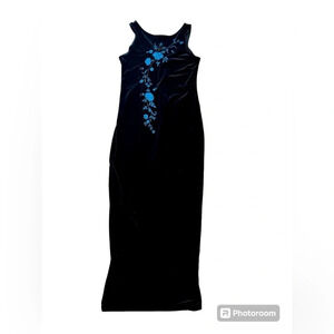 Vintage Embroidered Velvet Maxi Dress Black Blue Stretch Size 8